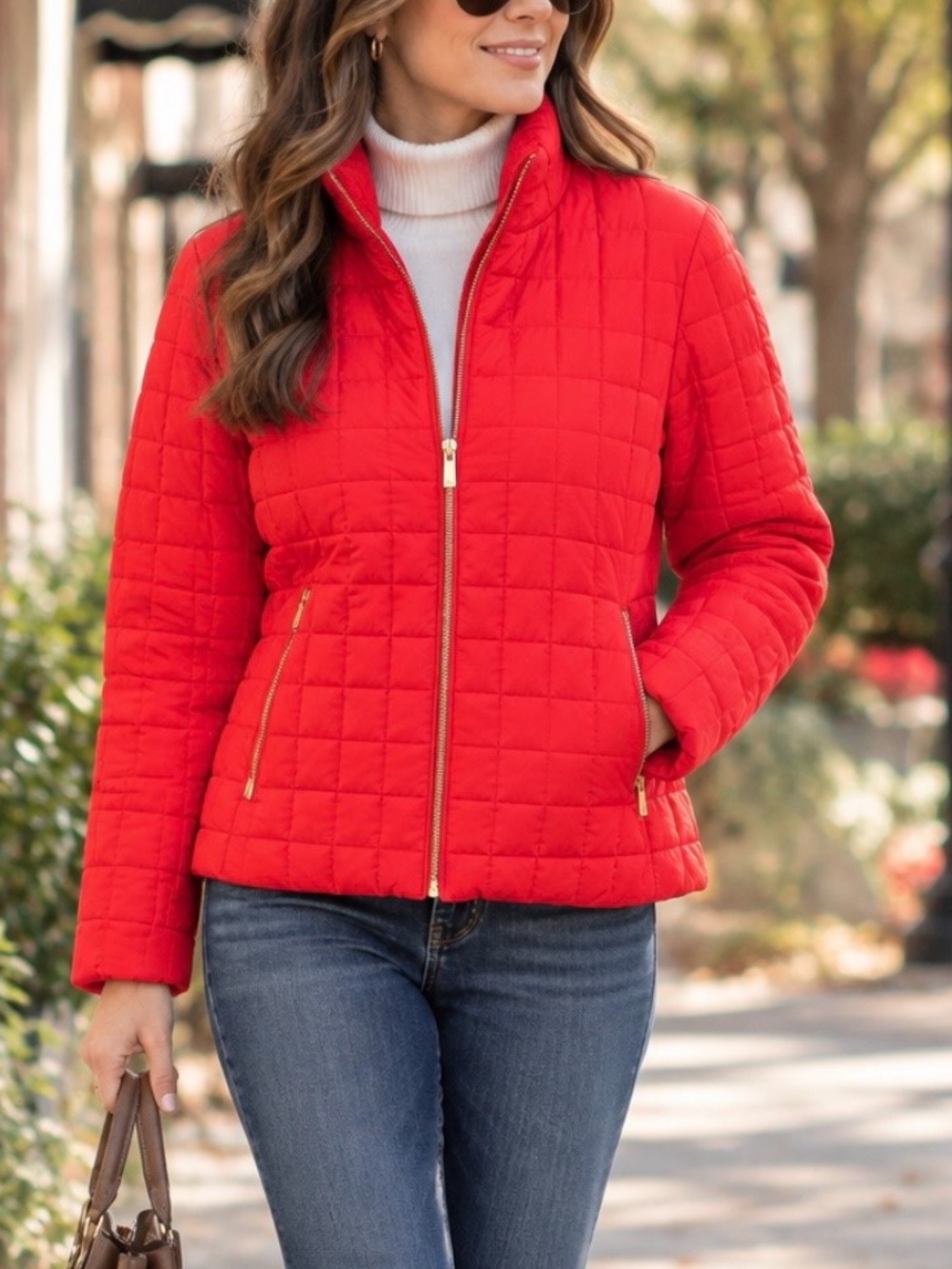 J.Crew Snowcap Quilted Down Puffer Jacket gold-tone zippers, pockets, red medium